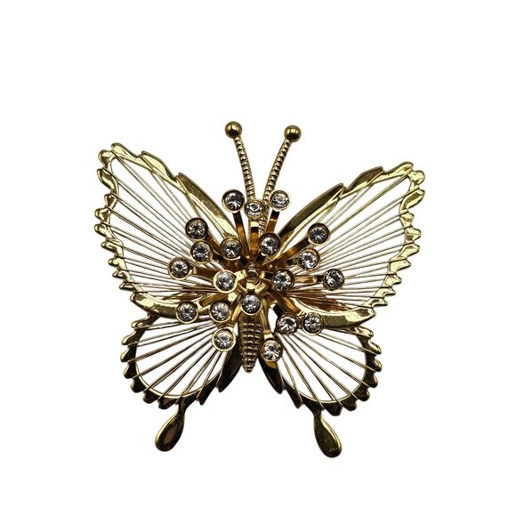 Gold Tone Monet Butterfly Brooch With Clear Rhinestones - Picture 1 of 5